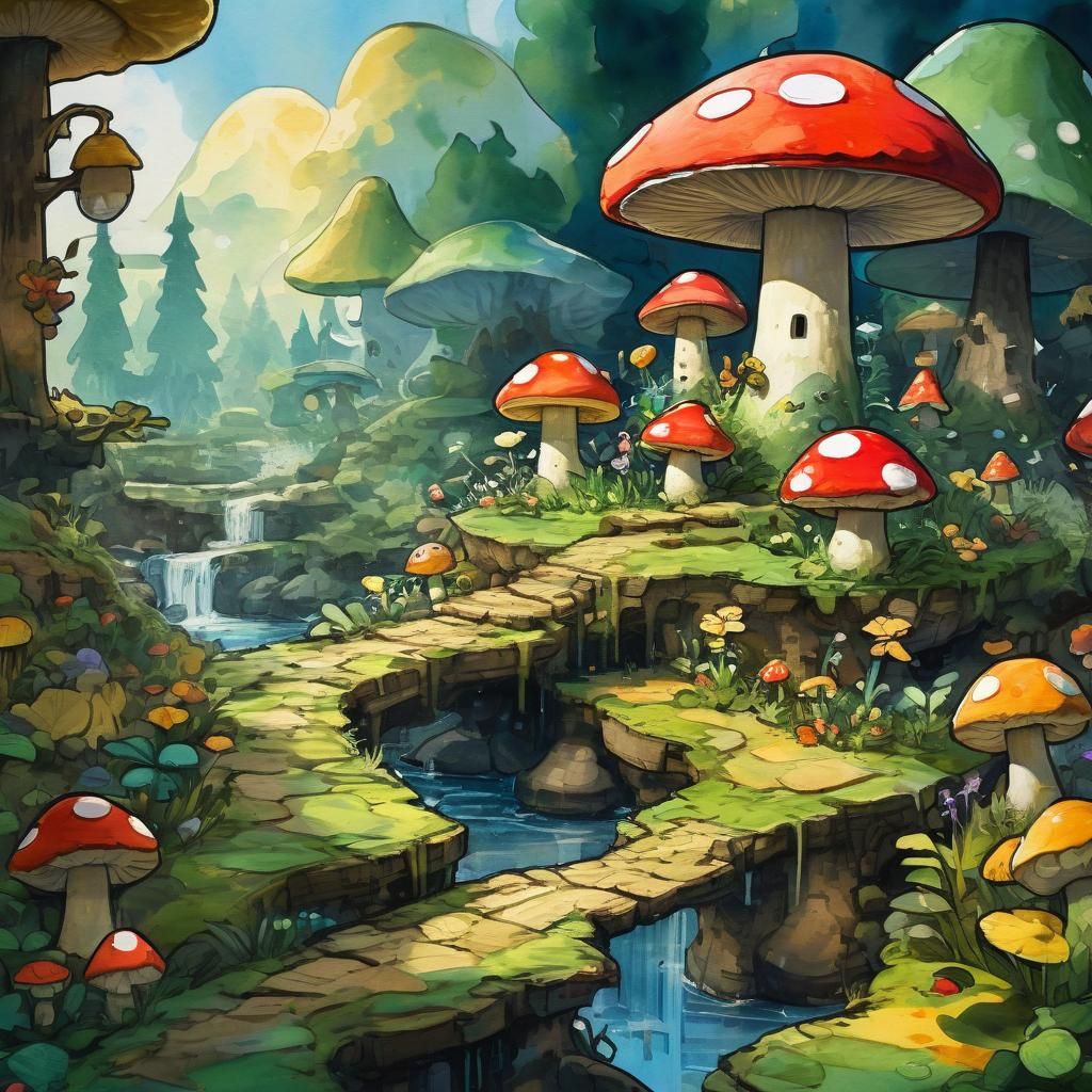 Paper Mario Gouache Watercolor in Mushroom Kingdom