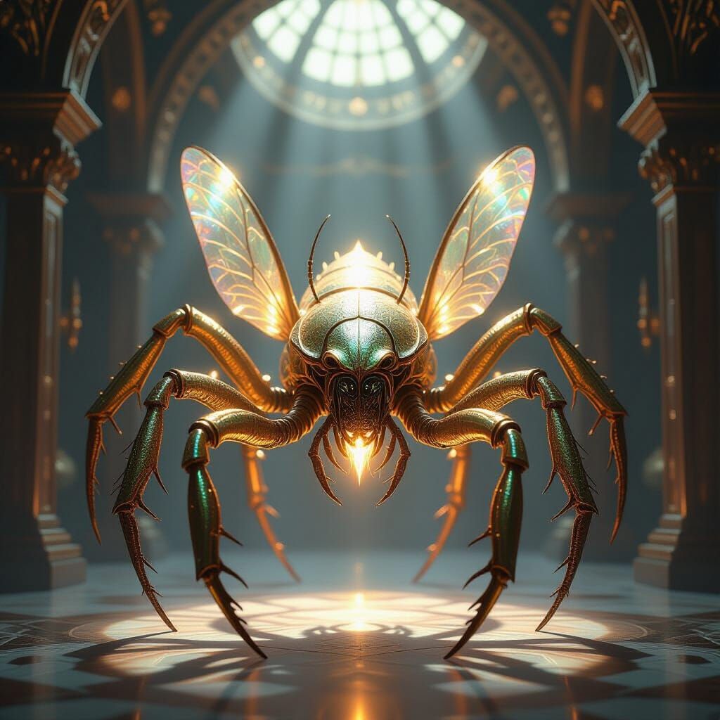 Golden Arthropod Demon in Ornate Chamber