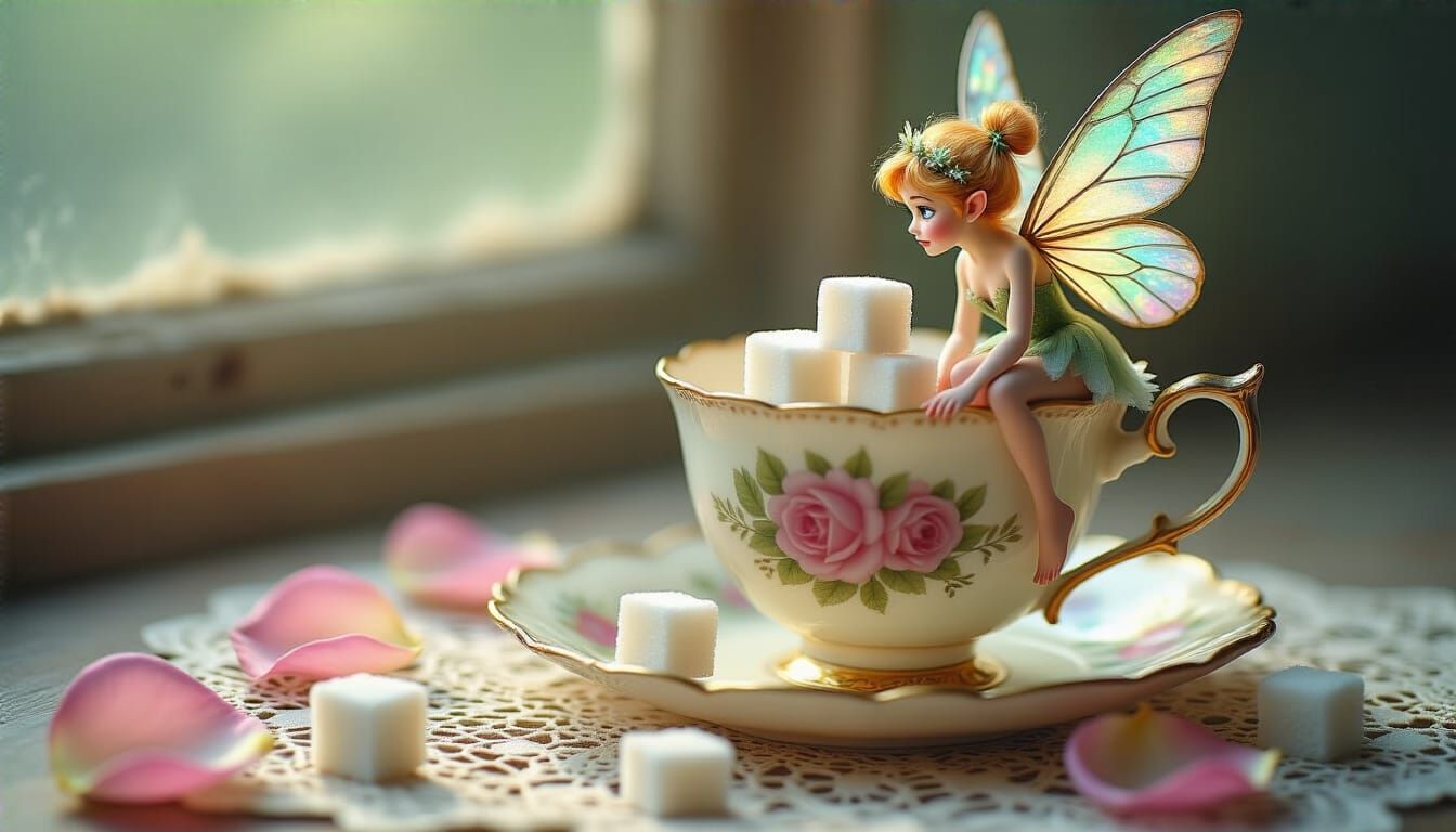 Miniature Fairy Gazing at Sugar Cubes, Disney Animation Styl...