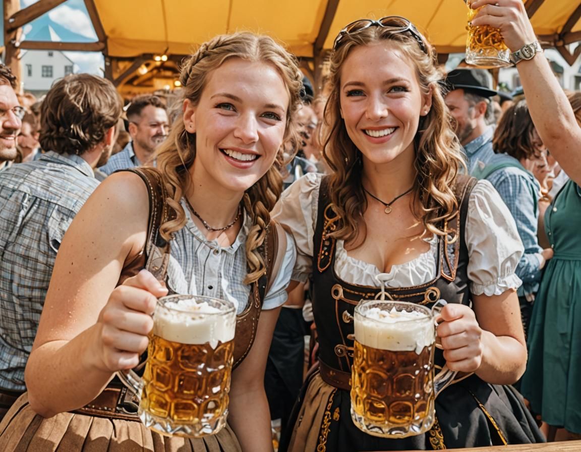 Oktoberfest and a person in lederhosen and dirndl enjoying pretzels and mugs of frothy beer toast. pro 8k.