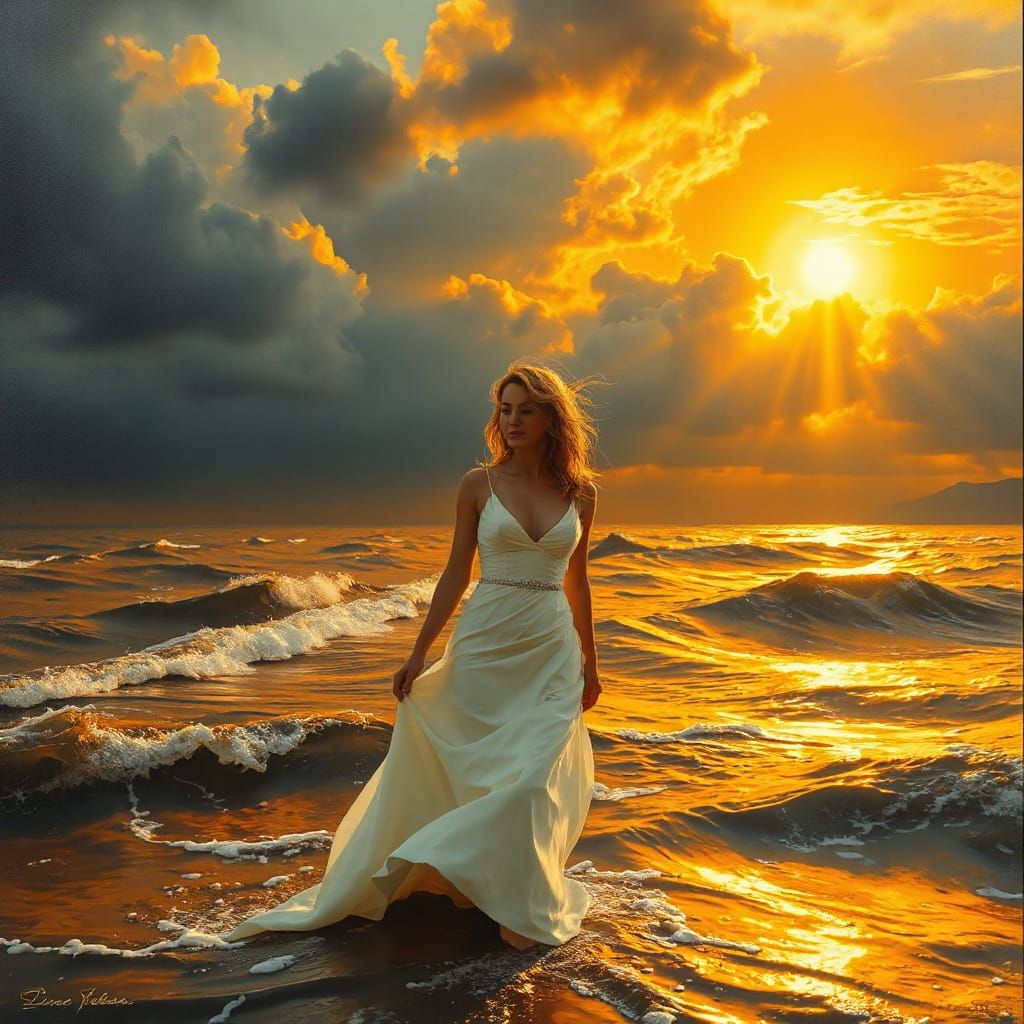 Ethereal Hyperrealistic Painting of a Bride in Stormy Ocean ...
