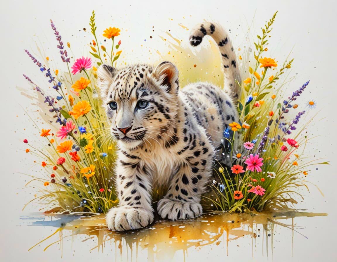 Playful Snow Leopard Cub in Vibrant Sunlit Garden
