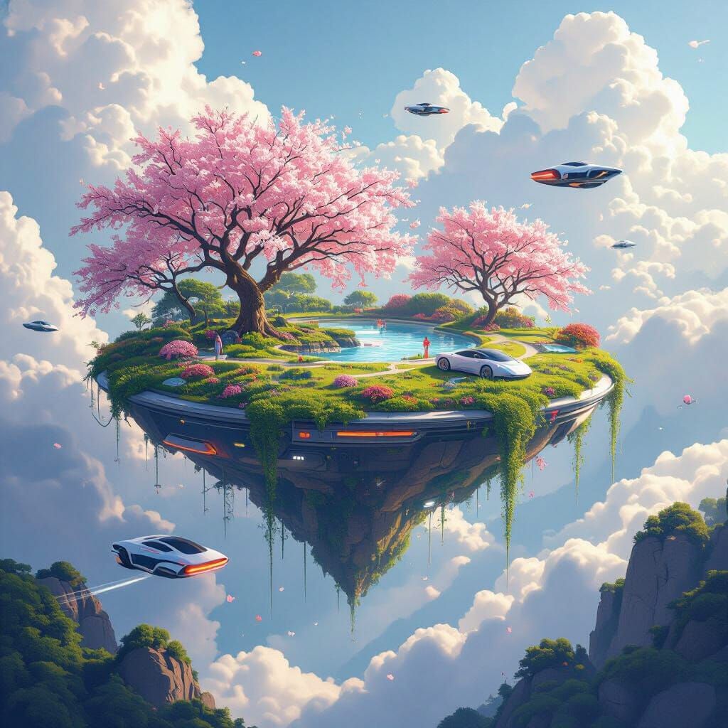 Floating Island with Cherry Blossoms and Flying Cars