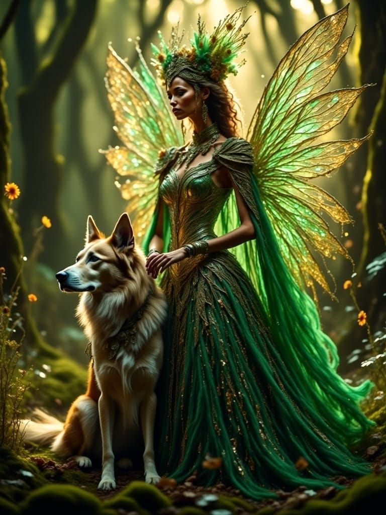 Woman and Dog in Dreamtime Fairy Attire