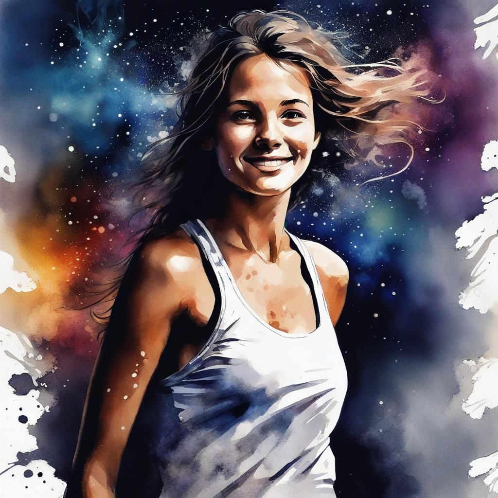 Smiling Girl Jogger Portrait in Ink Splash Art Style