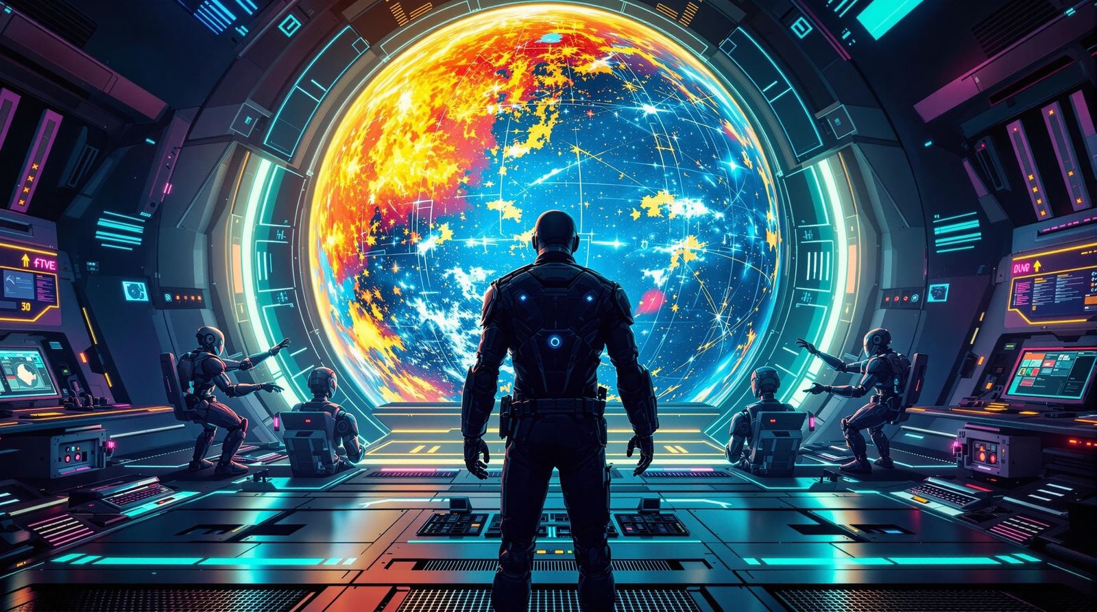 Sleek Futuristic Commander in Neon-Lit Command Center