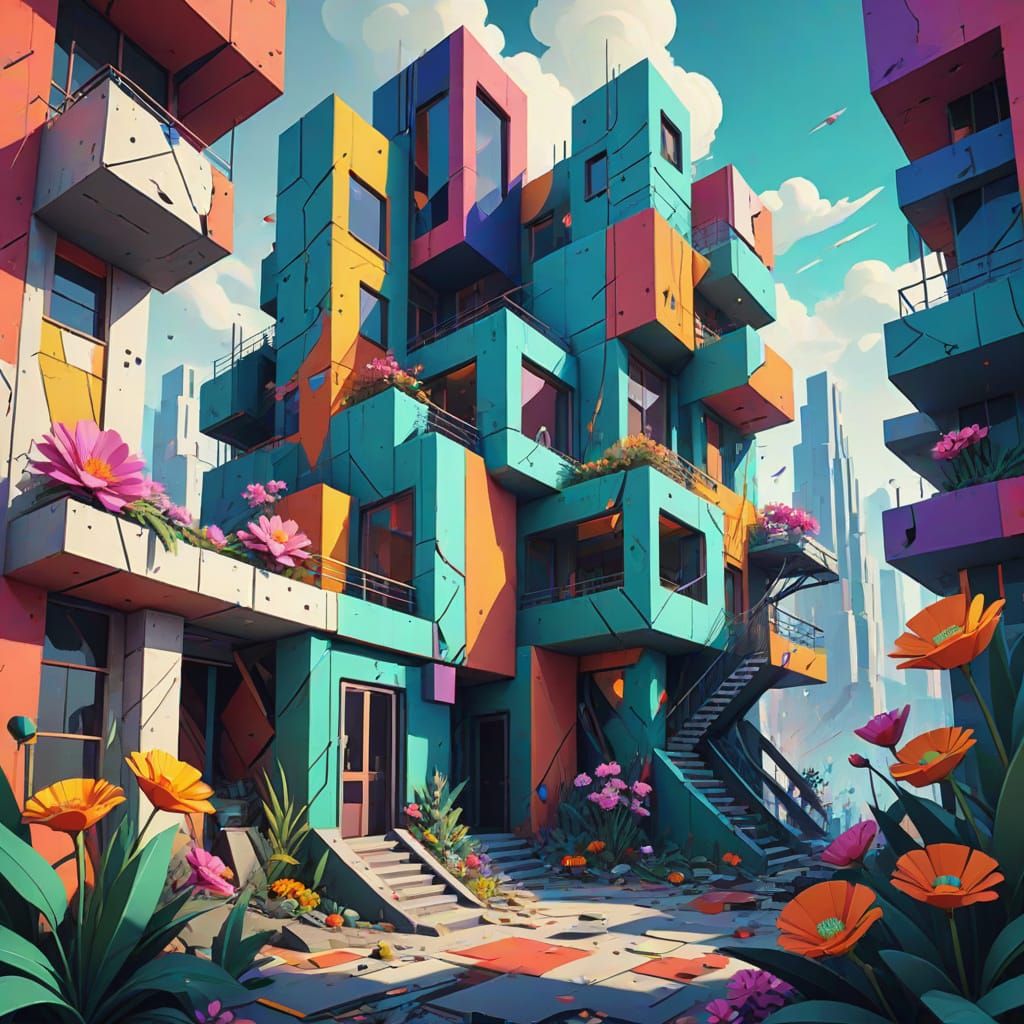 Neo-Cubist Masterpiece: Broken Arms Unite Amidst Vibrant Rui...