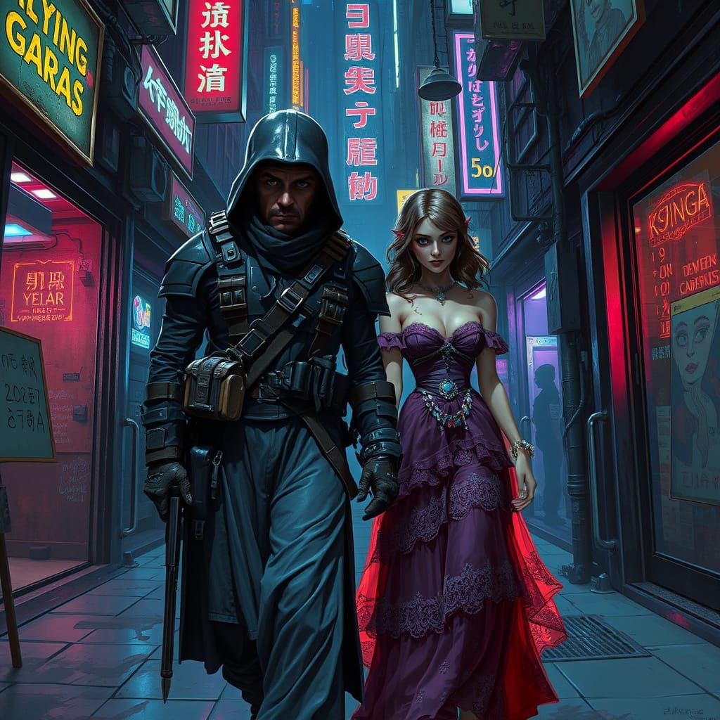Fremen-Jedi Soldier and Princess in Cyberpunk Alleyway
