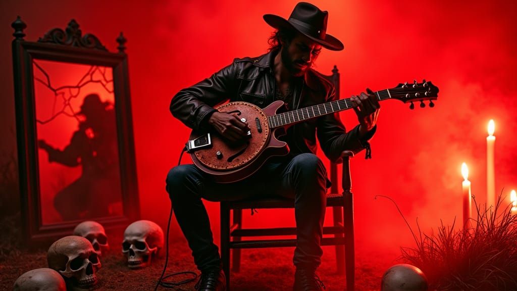 Blues Musician in Foggy Graveyard with Spectral Figures