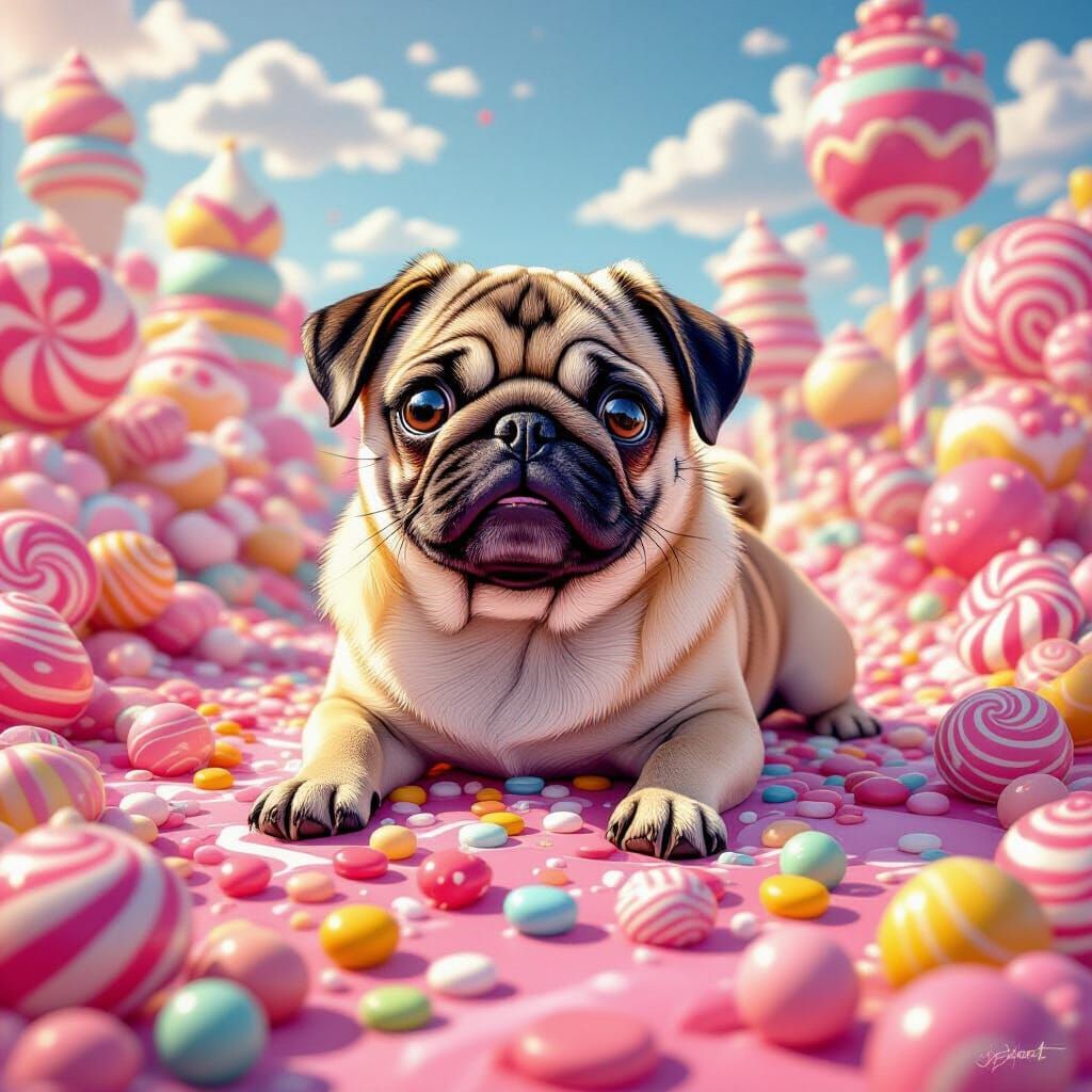 Cute Pug in a Whimsical Candy Kingdom