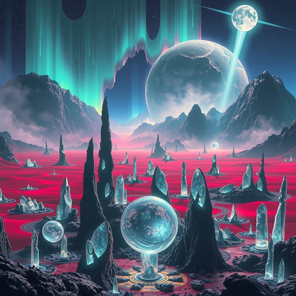 Mystical Alien Realm with Aurora Skies and Crystalline Struc...