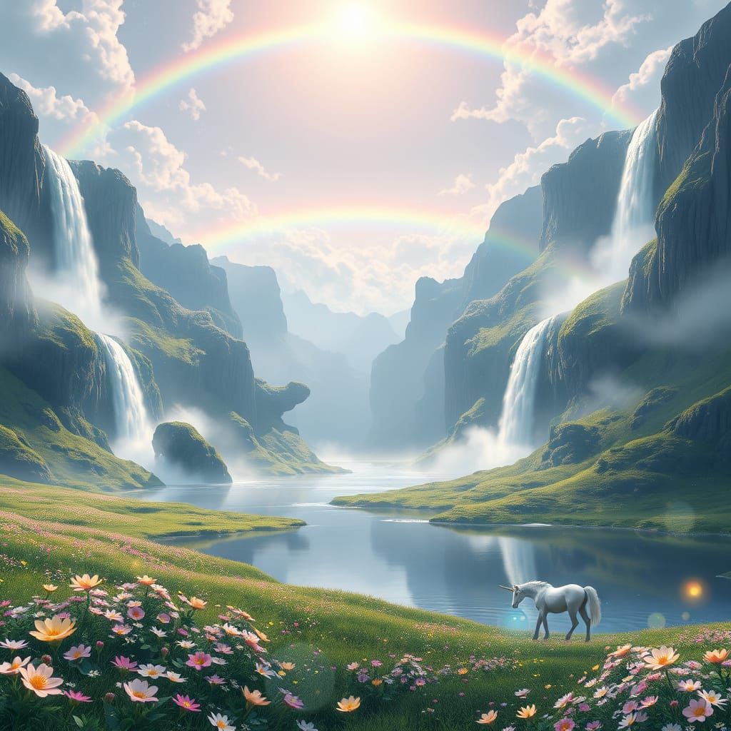 Magical Valley with Rainbows and Floating Waterfalls