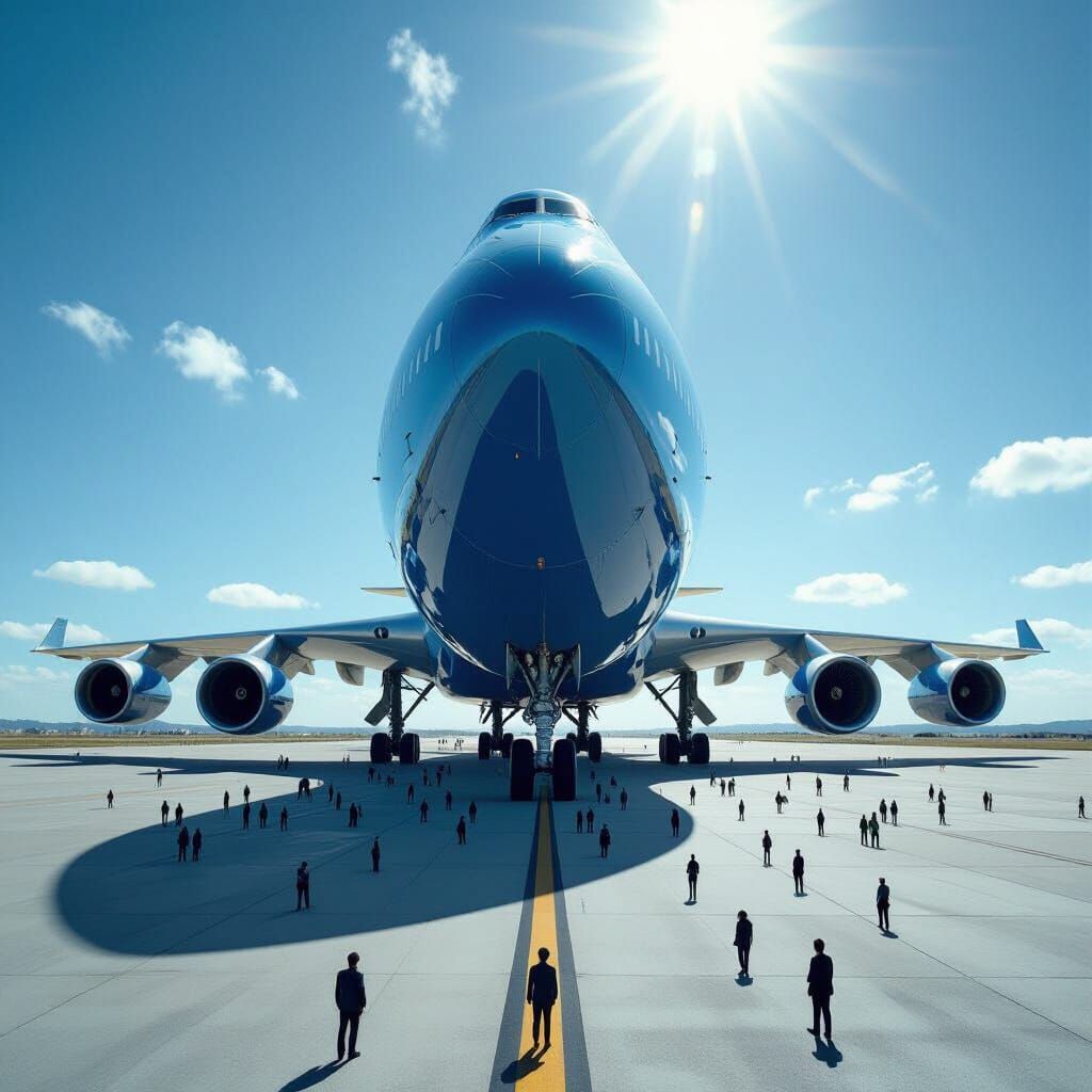 Colossal Blue Jet Dwarfs Tiny Humans in Sci-Fi Scene