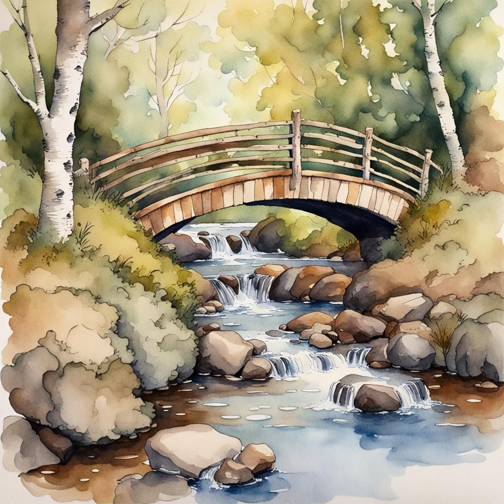 Victorian Watercolour of Stream in Birch Wood