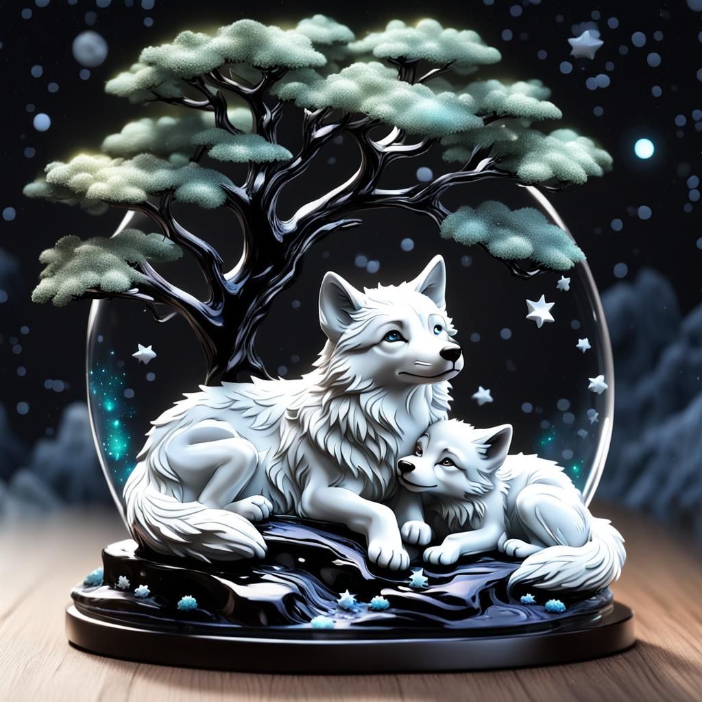 Enameled Glass Figurines of Wolf Cubs Gazing at Stars