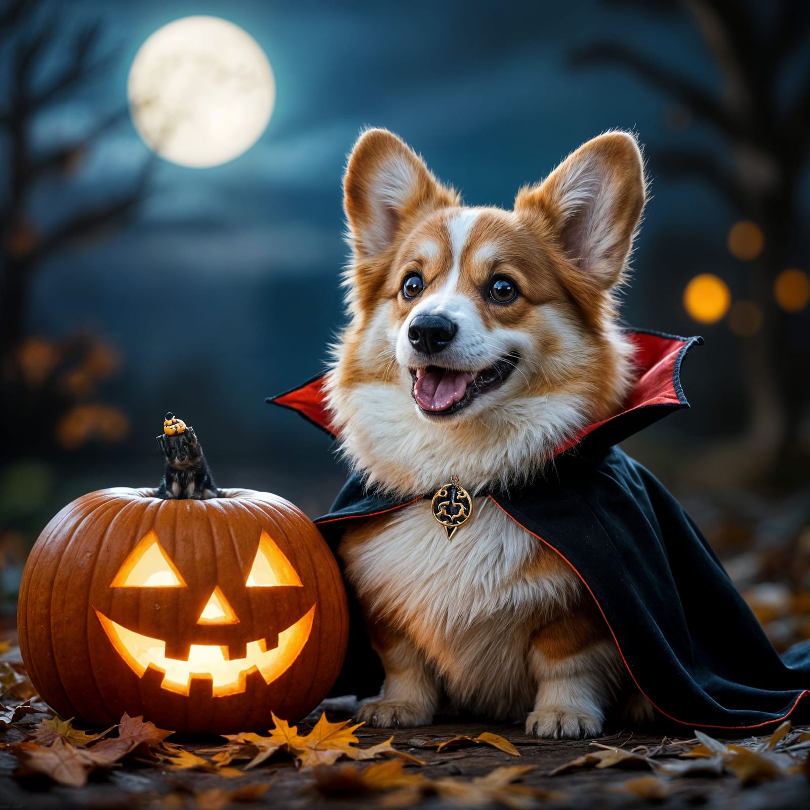 Fluffy Corgi Vampire with Pumpkin and Moonlight