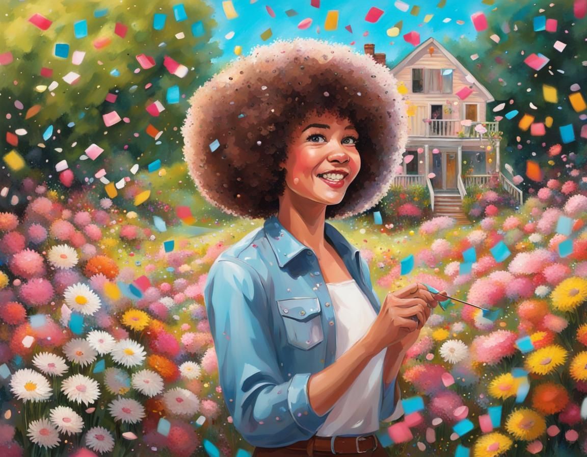 Joyful Flower Garden Party in Bob Ross Style