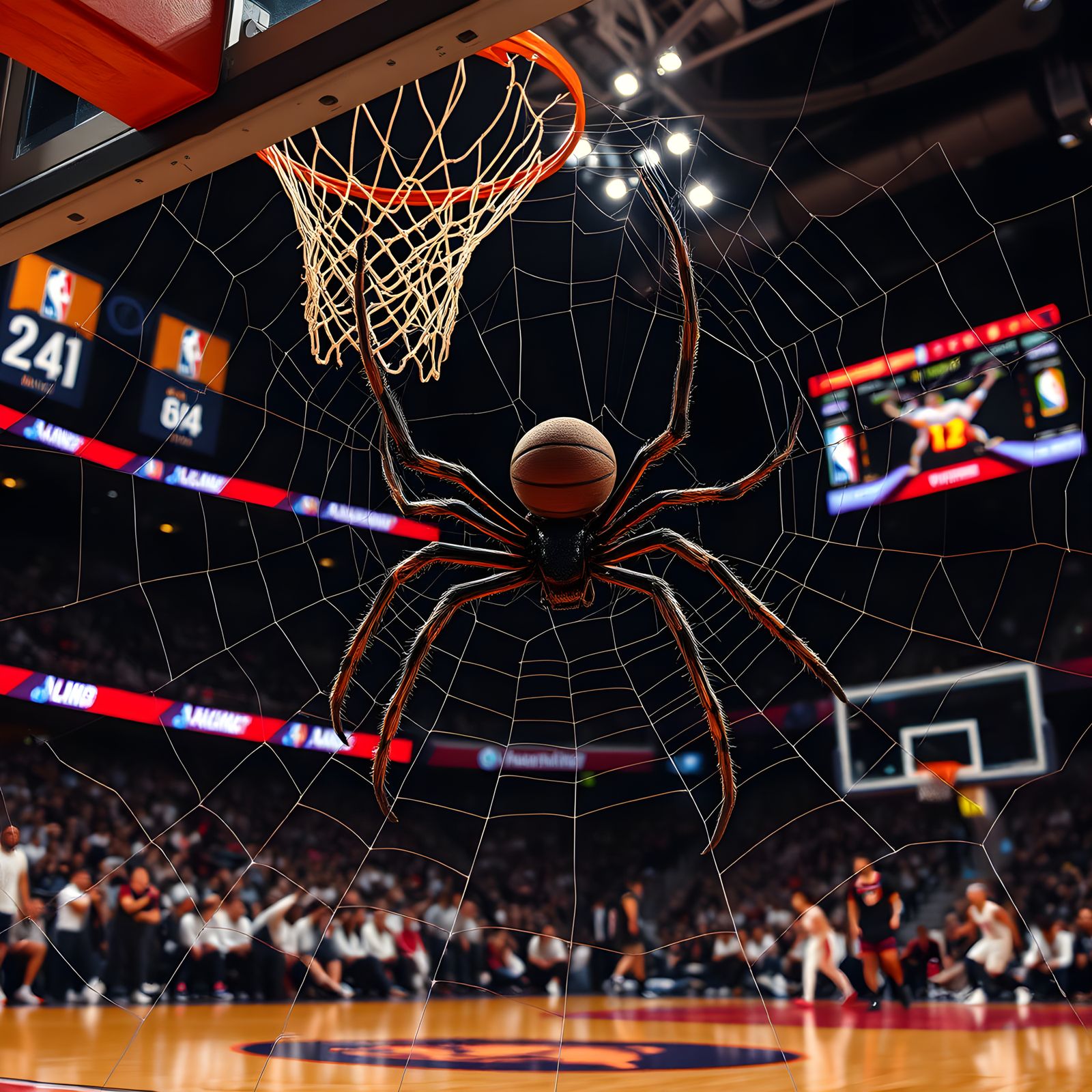 Giant Spider Defends Basketball Web from NBA Attack