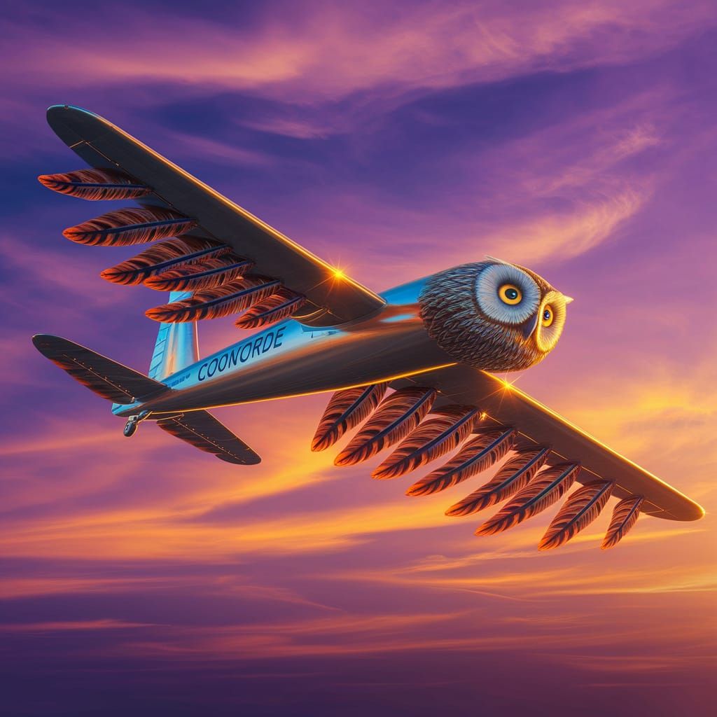 Surreal Concorde Plane Takes Flight with Owl Face and Feathe...