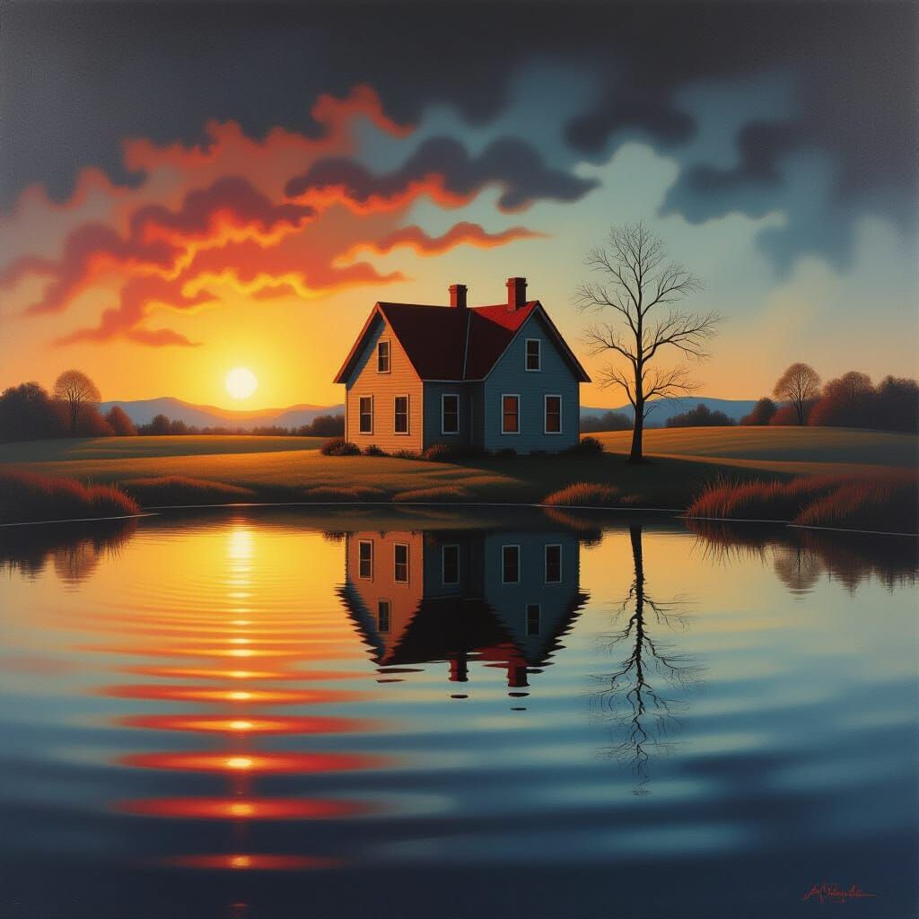Surreal House Reflected in Pond, Oil on Canvas