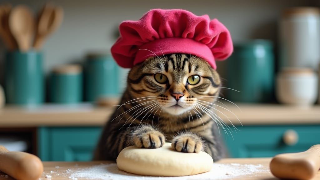 Tabby Cat Chef Kneading Dough in Kitchen