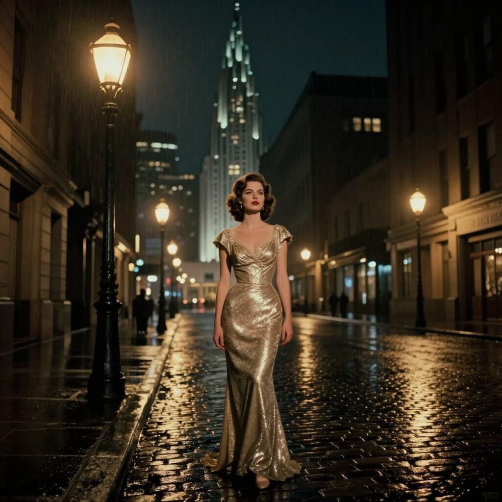 Supermodel on Rainy Cobblestone Street in Art Deco City