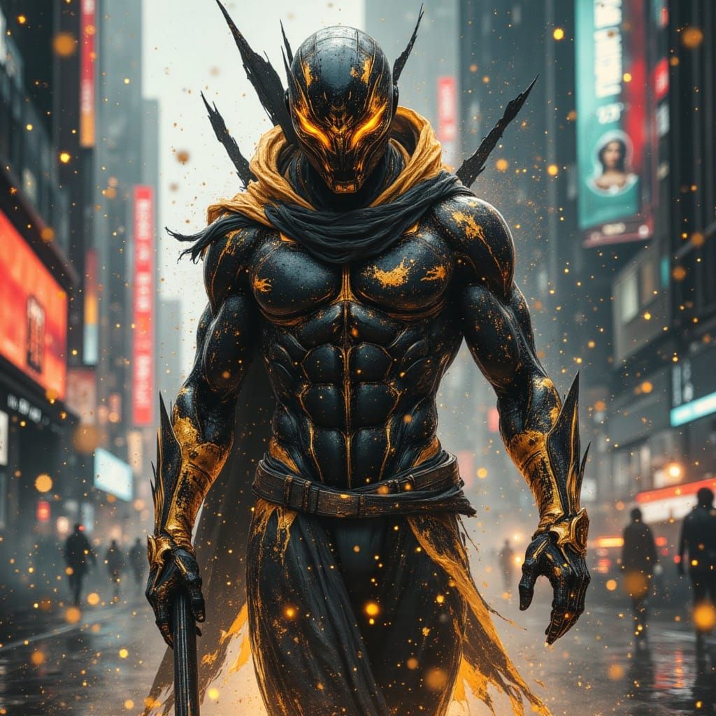 African Space Warrior in Cyberpunk City