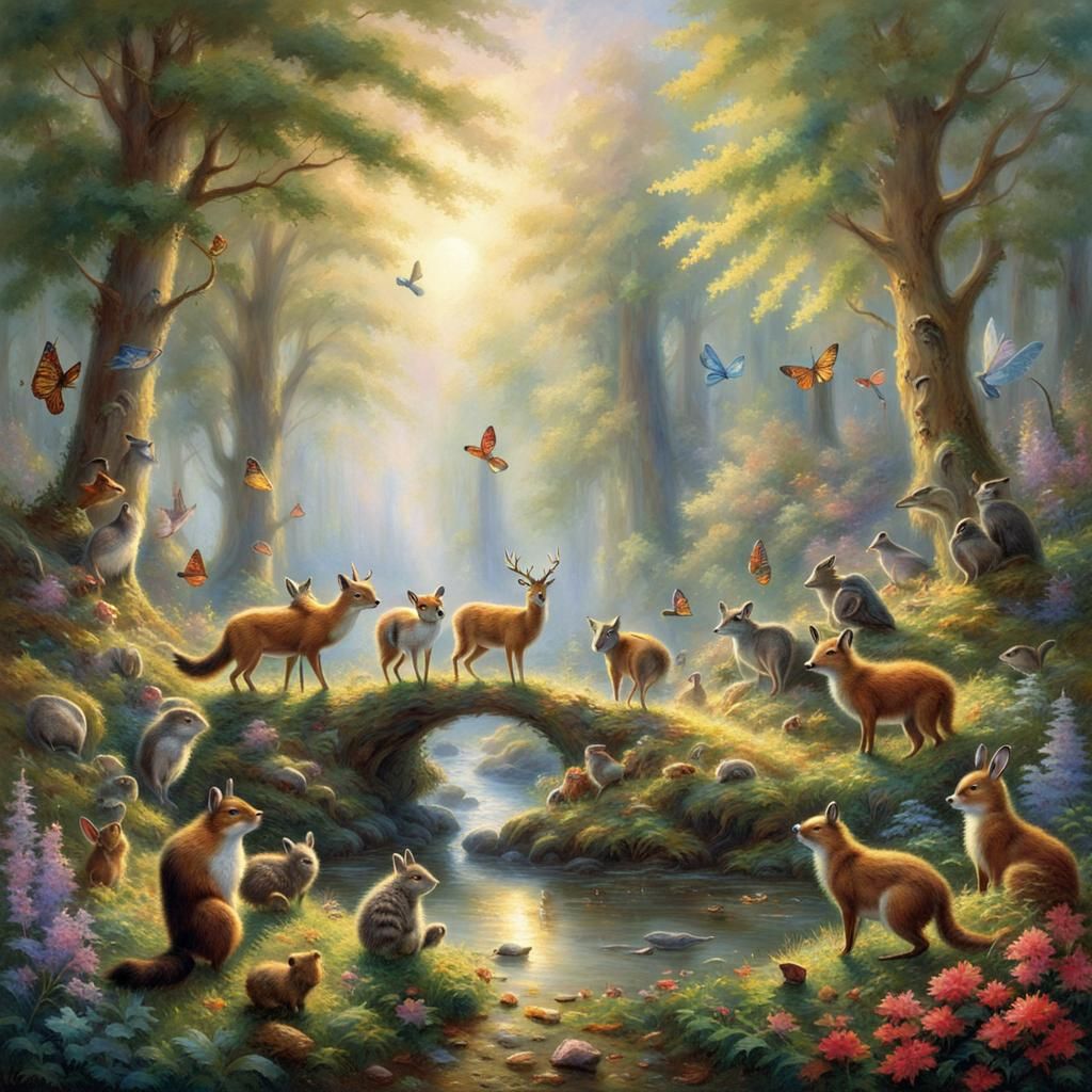 Forest Animals Dancing in Circle, Fantasy Scene