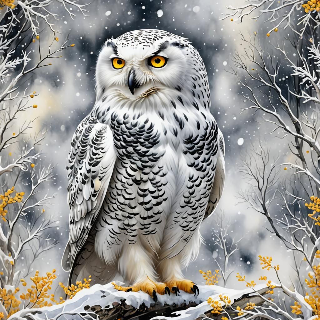 Snowy Owl in Winter Landscape: Watercolor Style