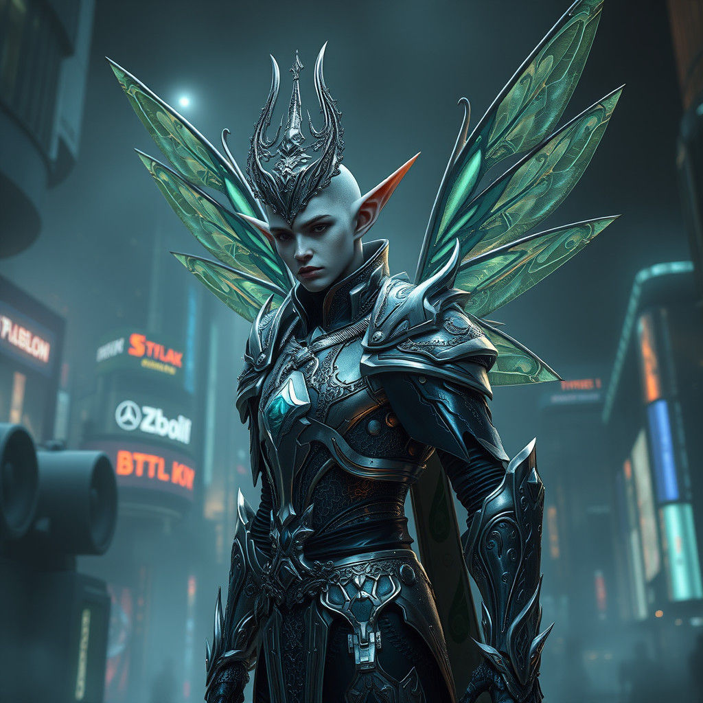 Cyberpunk Fairy Elf Warrior with Metallic Wings