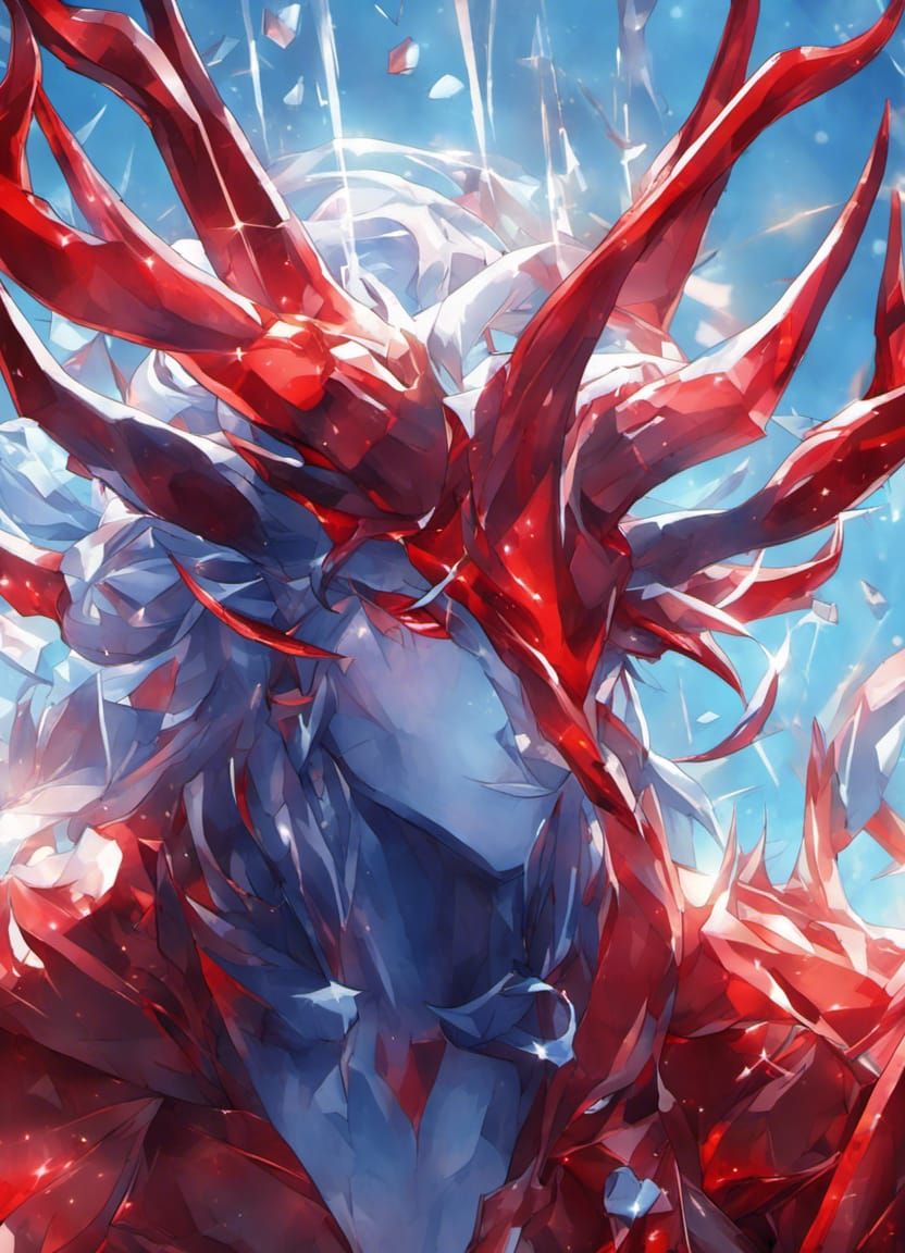 Scarlet Crystal Horns on Blue: Anime Radiance