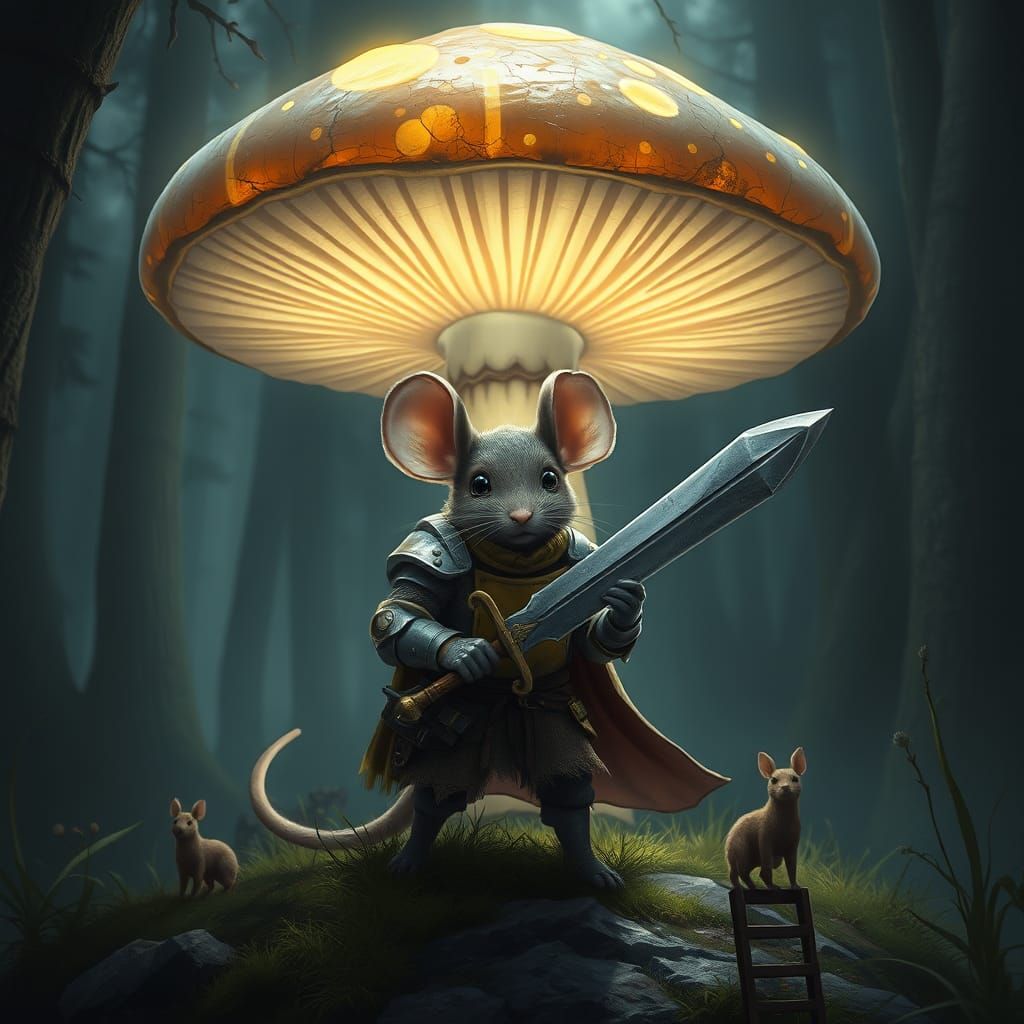 Brave Mouse Knight in Patched Armor Defends Glowing Mushroom...