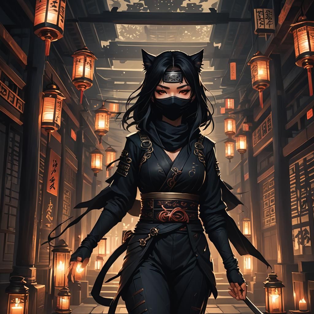 Dark Academia Ninja Cat Girl in Ancient Temple