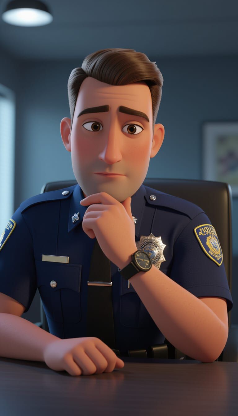 Thoughtful Police Officer in Cinematic 3D Render
