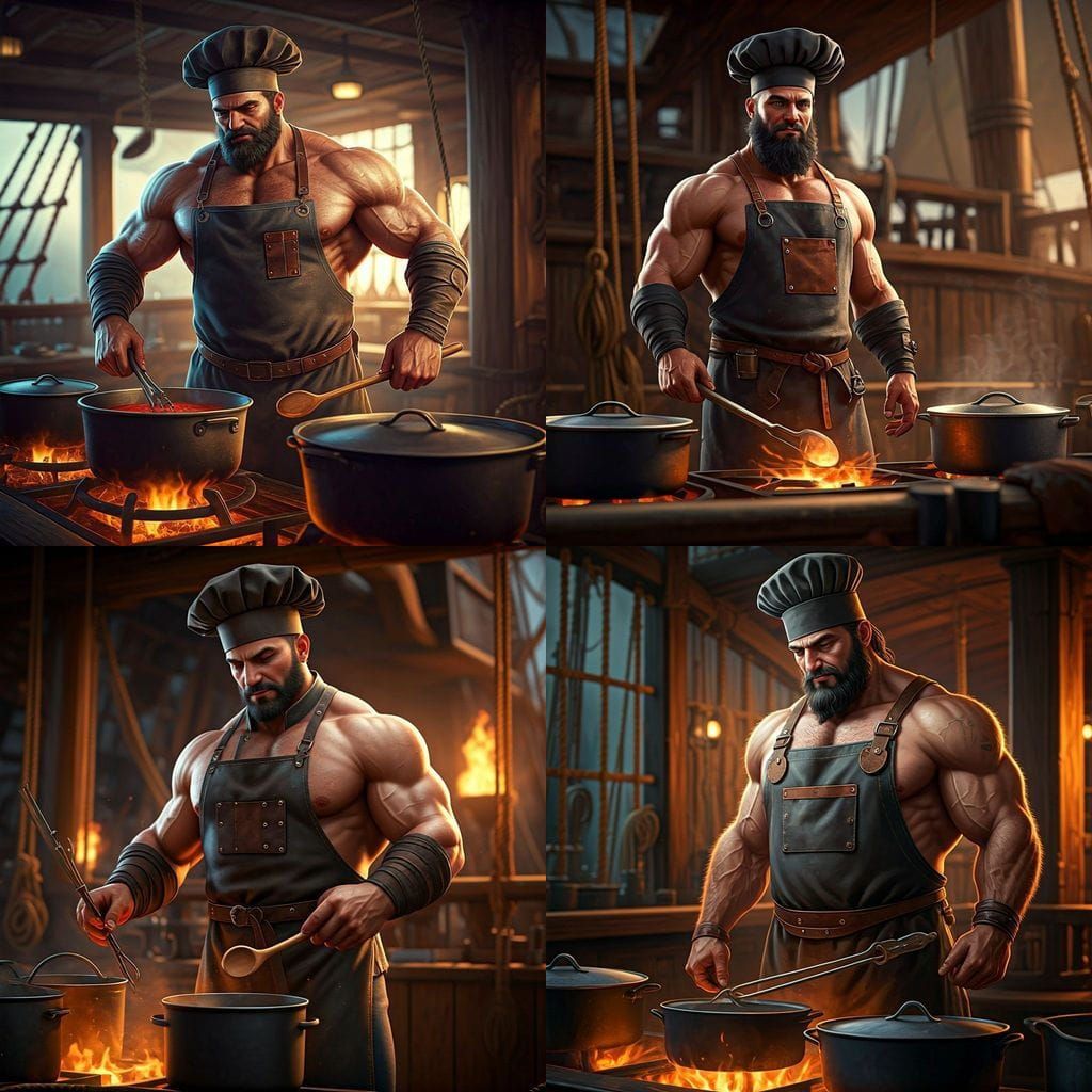 Muscular Ship Chef in Galley with Open Flame