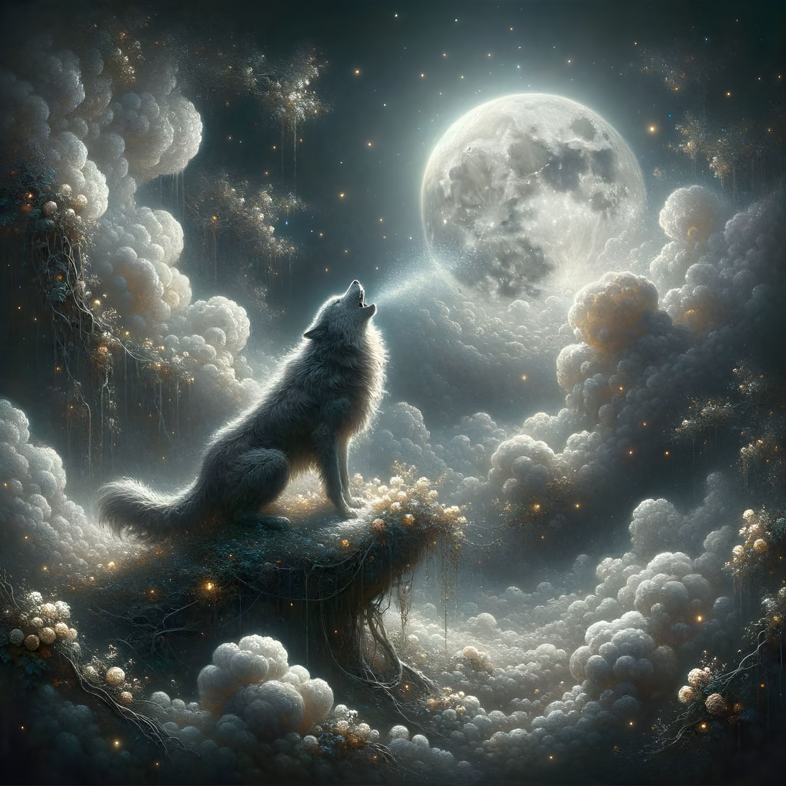 Wolf Howling at Moon in Romantic Oil Painting Style