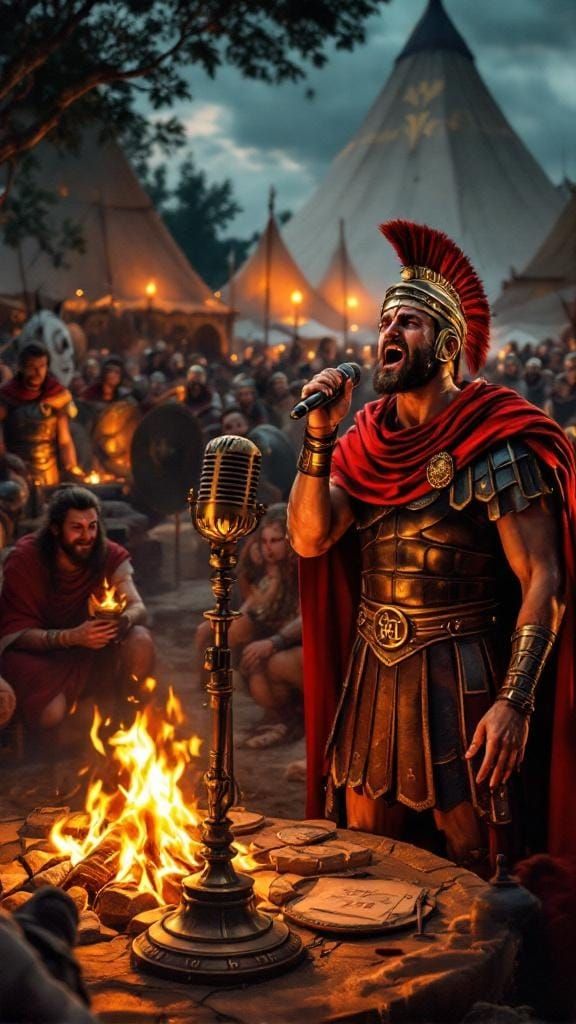 Roman Centurion Sings at Military Camp, Hyperrealistic Illus...