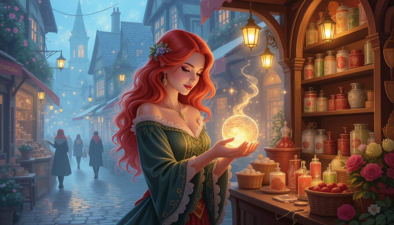 Enchanting Candy Seller with Fiery Red Hair in Magical Shop