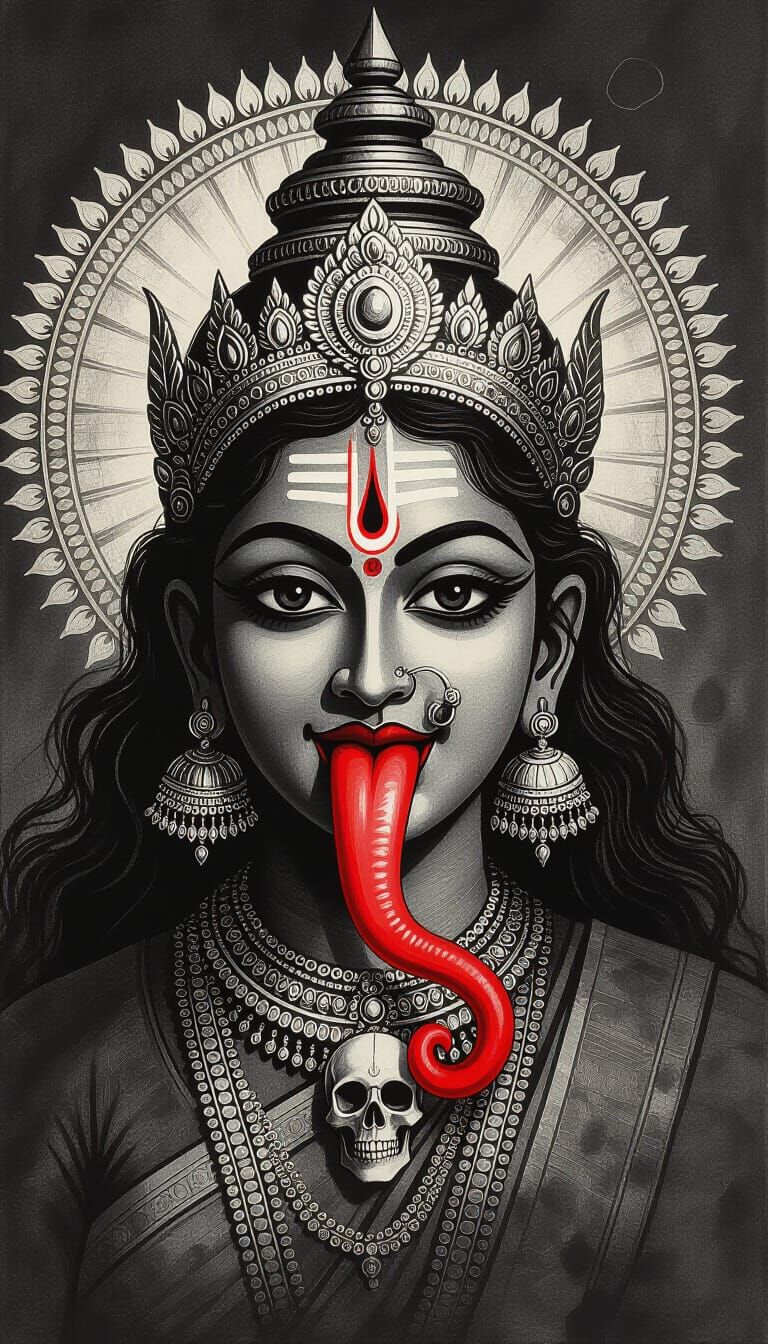 Goddess Kali Charcoal Drawing in Expressive Style