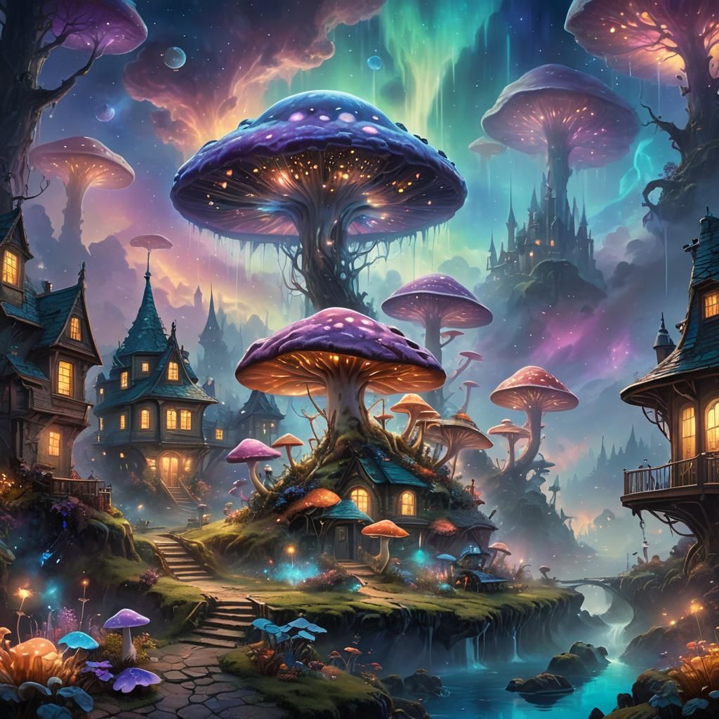 Ethereal Fungi City in Space, Oil Painting Style