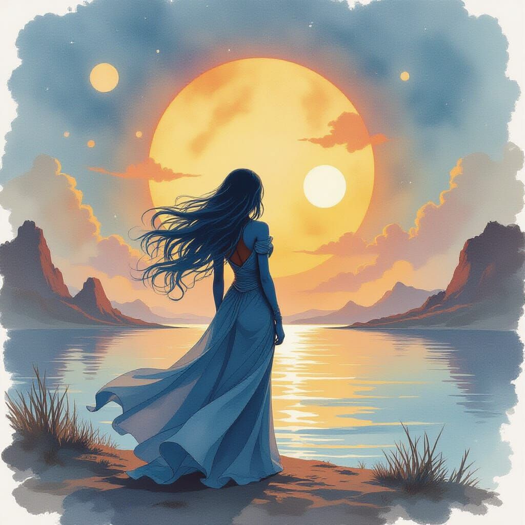 Alien Woman Watches Triple Sunset in Watercolor Style