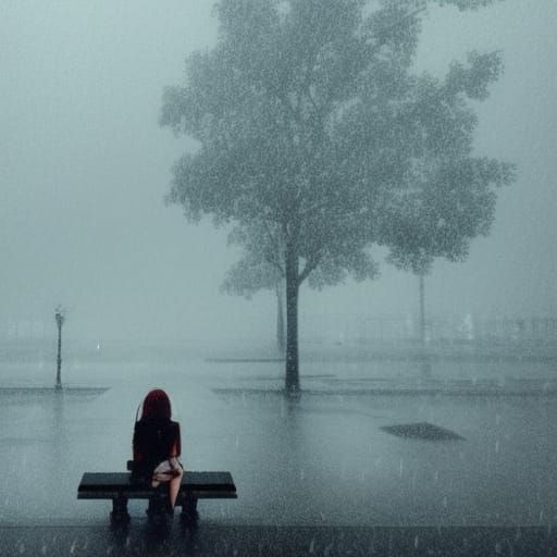 Sad Girl in Rainy Landscape: Digital Matte Painting