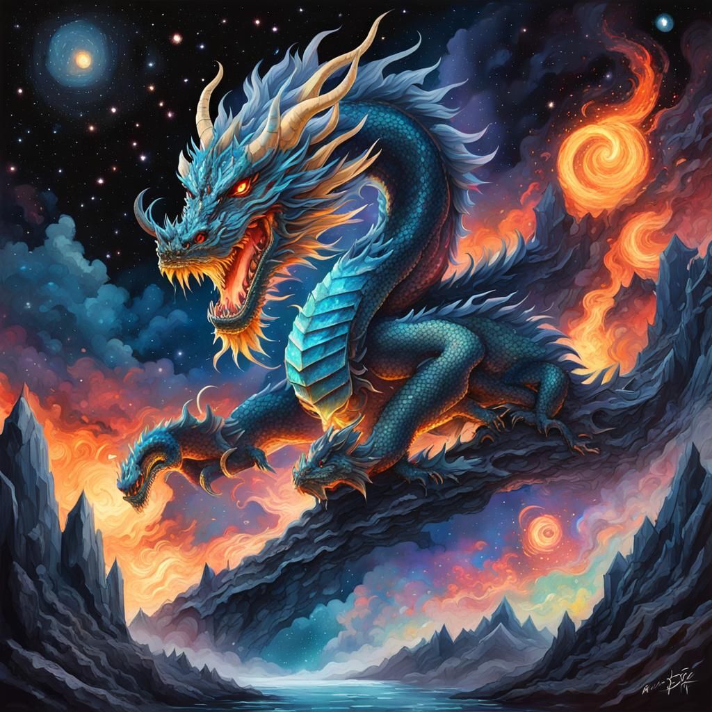 Serpentine Dragon Among Giant Crystals in Space