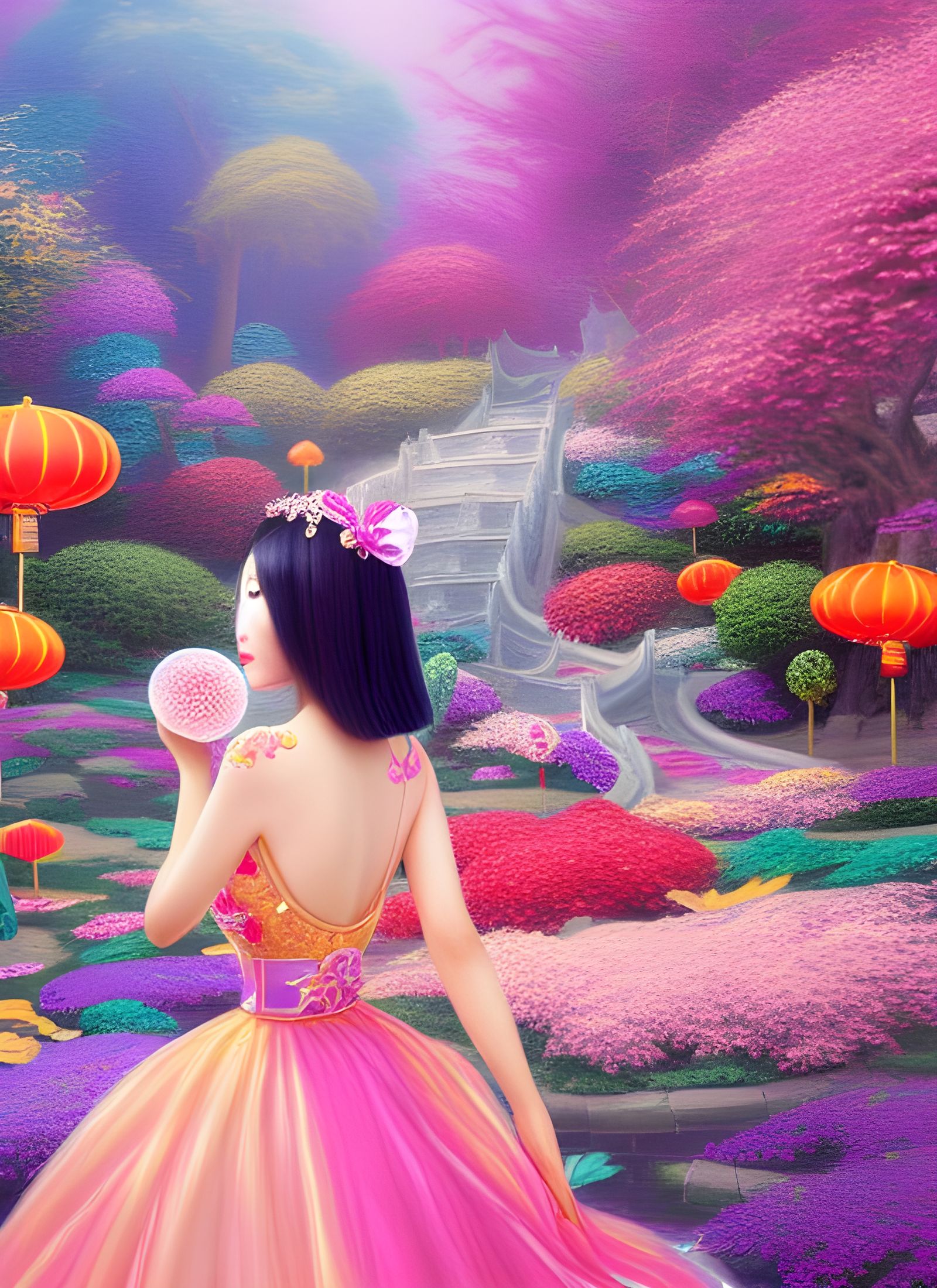 Glamorous Woman in Candy Garden, Art Nouveau Style