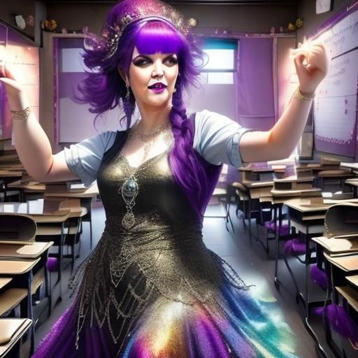 Gothic Bride Dancing in Classroom, Hyperrealistic Image