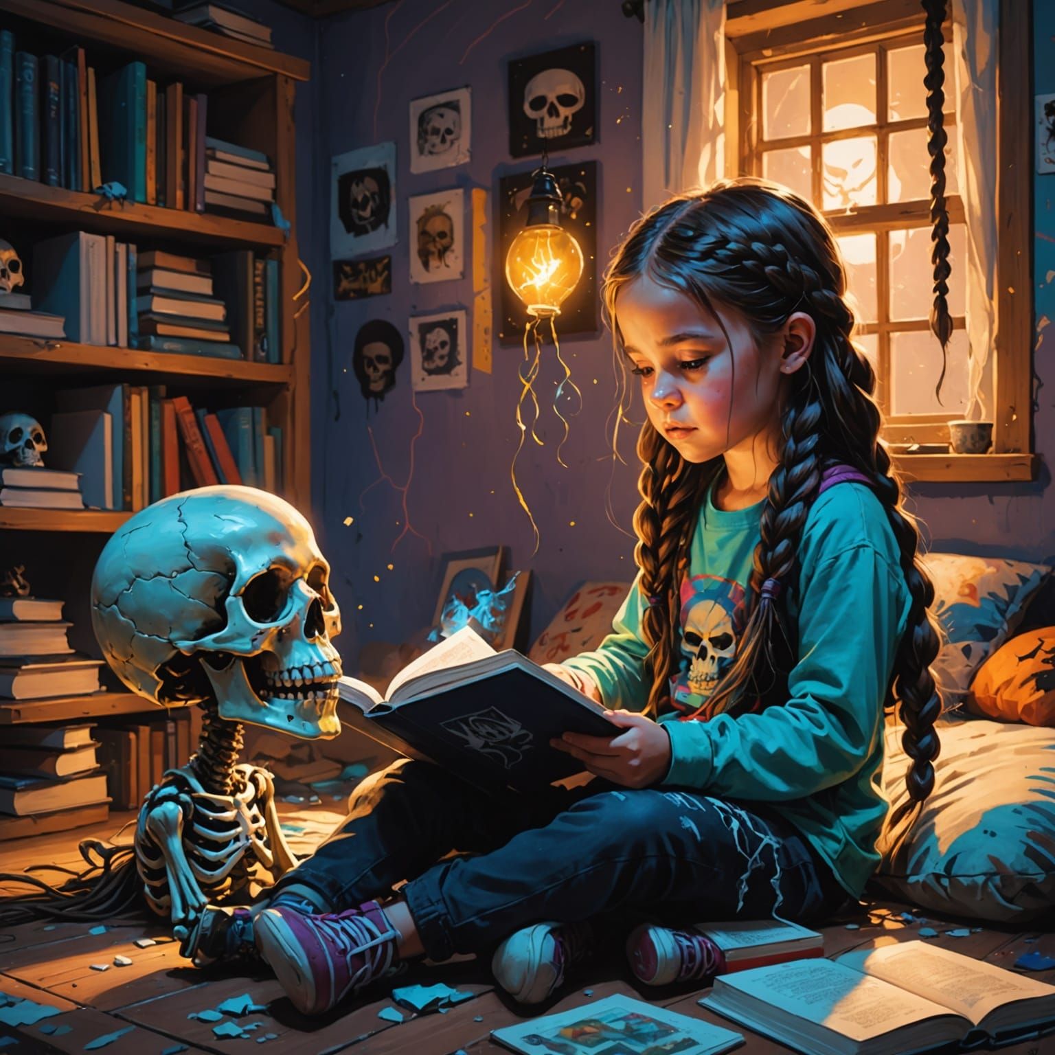 Girl Bonds with Glowing Skull in Vibrant, High Contrast Bedr...