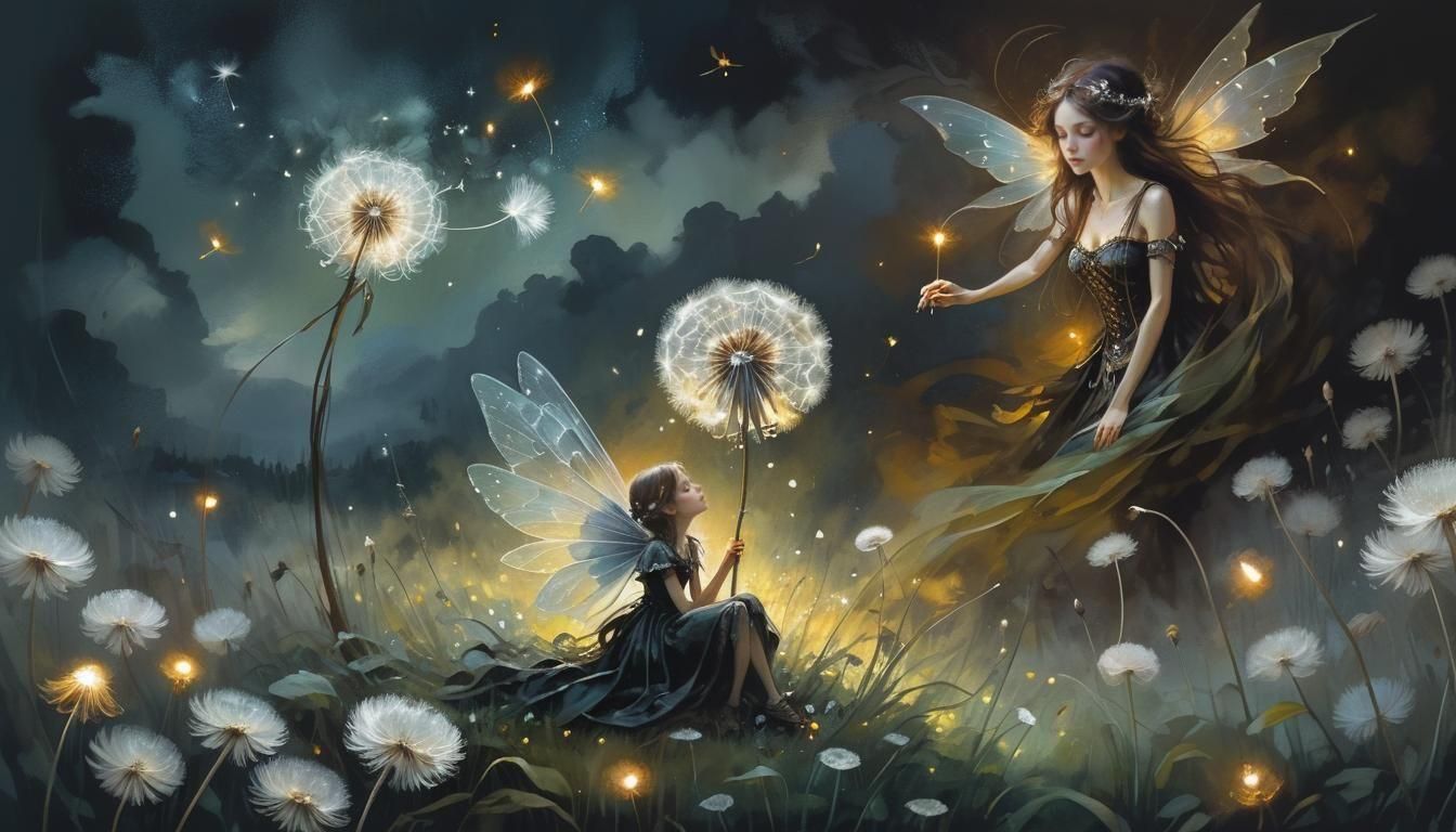 Steampunk Fairy in Dandelion Field: Dark Art