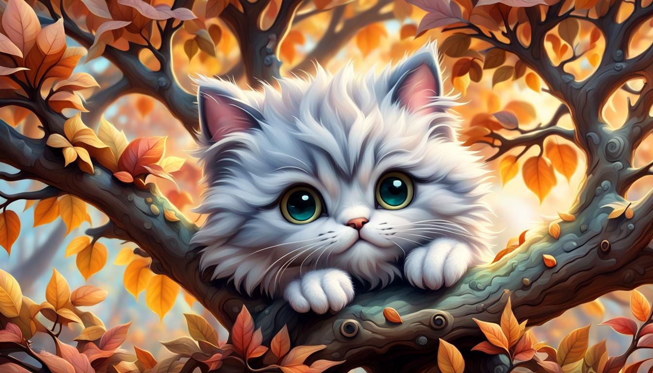 Chibi Kitten in Autumn Tree, 3D Cartoon Fantasy