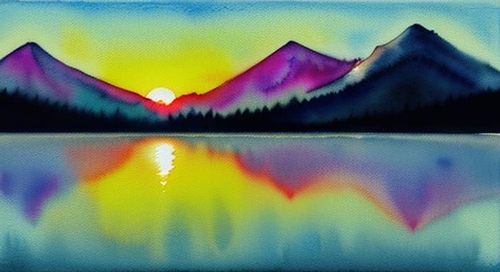 Vibrant Sunrise Mountain Reflections in Watercolor