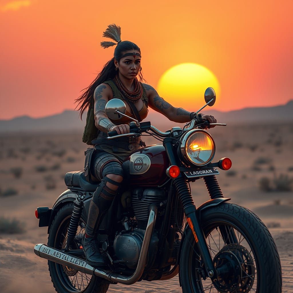 Indian Warrior on Motorcycle in Desolate Landscape